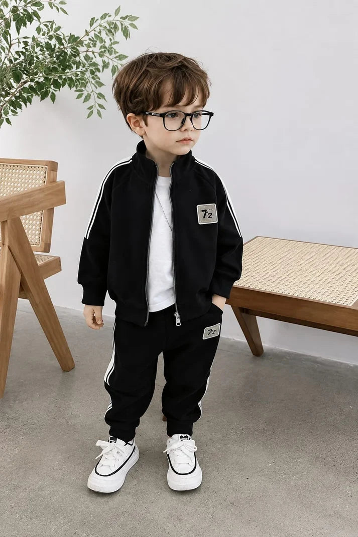 Black With White Stripes 72 Print Zipper Kids Winter Track Suit omii.pk