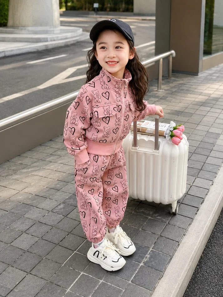 Pink Teddy Bear Hearts Printed Winter Track suit omii.pk