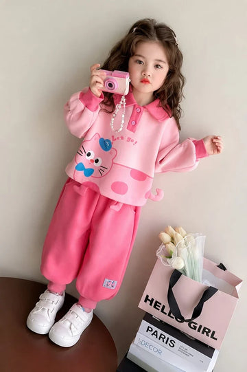 Pink Cute Cat Print Kids Winter Track suit omii.pk