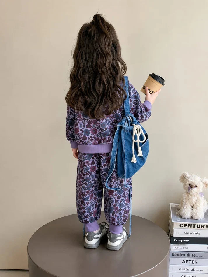 Purple Floral Printed Cozy Winter Kids Track suit omii.pk