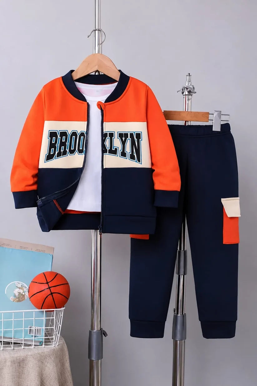 Orange Brooklyn Color Block Zipper Winter Kids Track suit omii.pk