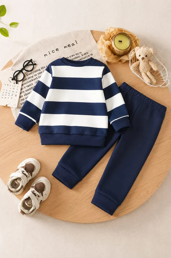 OF White Blue Teddy Bear Striped Kids Winter Track Suit omii.pk