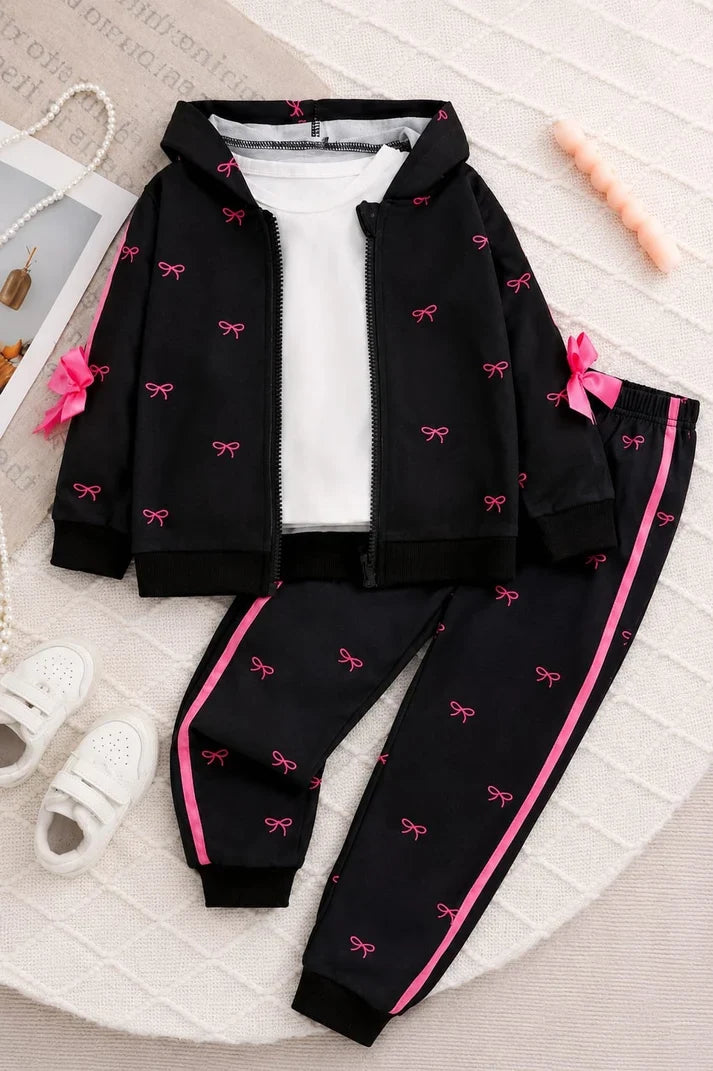 Black Bows Printed Zipper Kids Winter Track Suit omii.pk