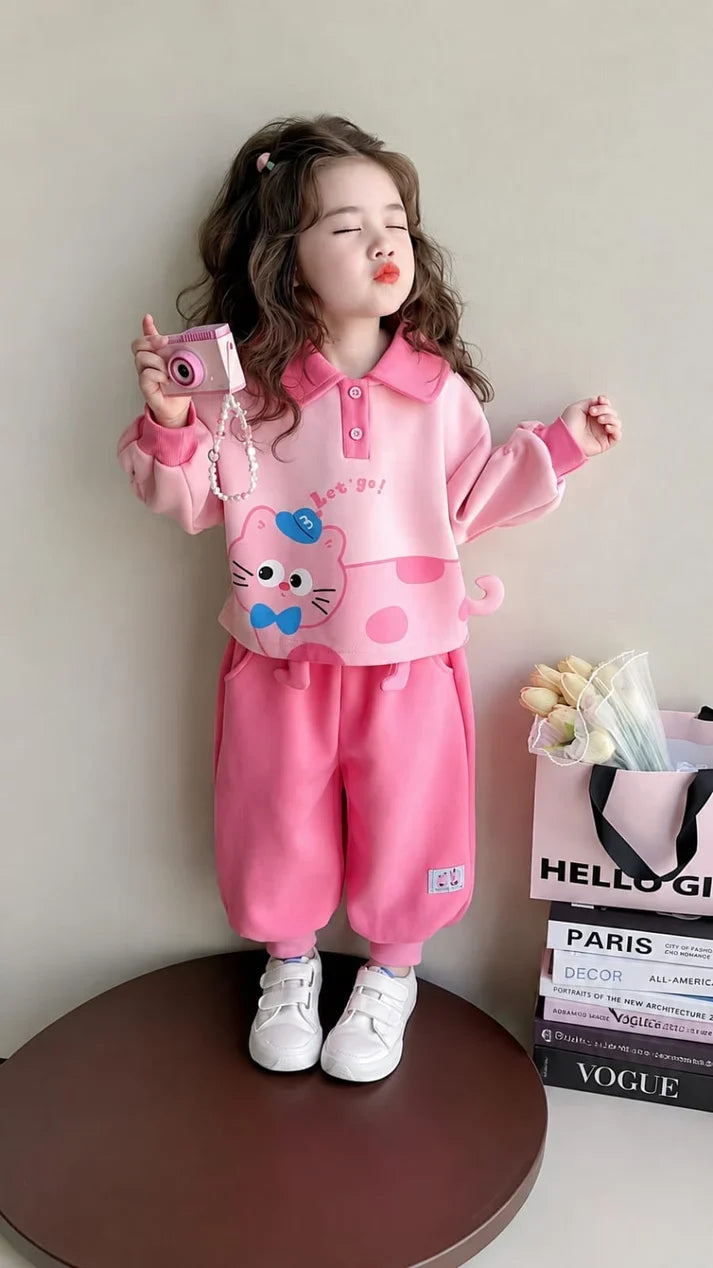 Pink Cute Cat Print Kids Winter Track suit omii.pk