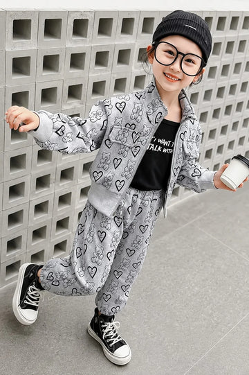 Grey Cute Teddy Print Kids Winter Track Suit omii.pk