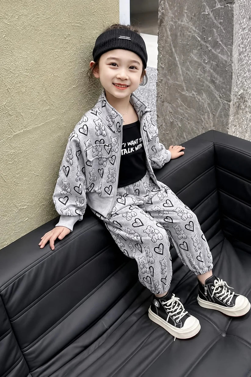 Grey Cute Teddy Print Kids Winter Track Suit omii.pk