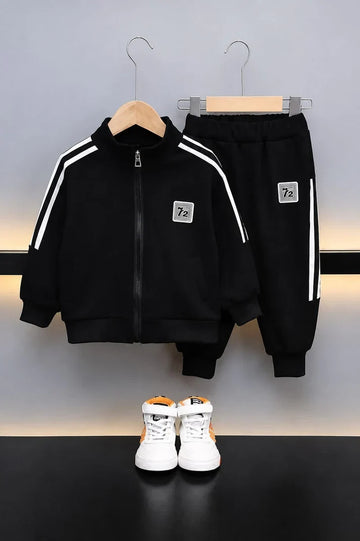 Black With White Stripes 72 Print Zipper Kids Winter Track Suit omii.pk
