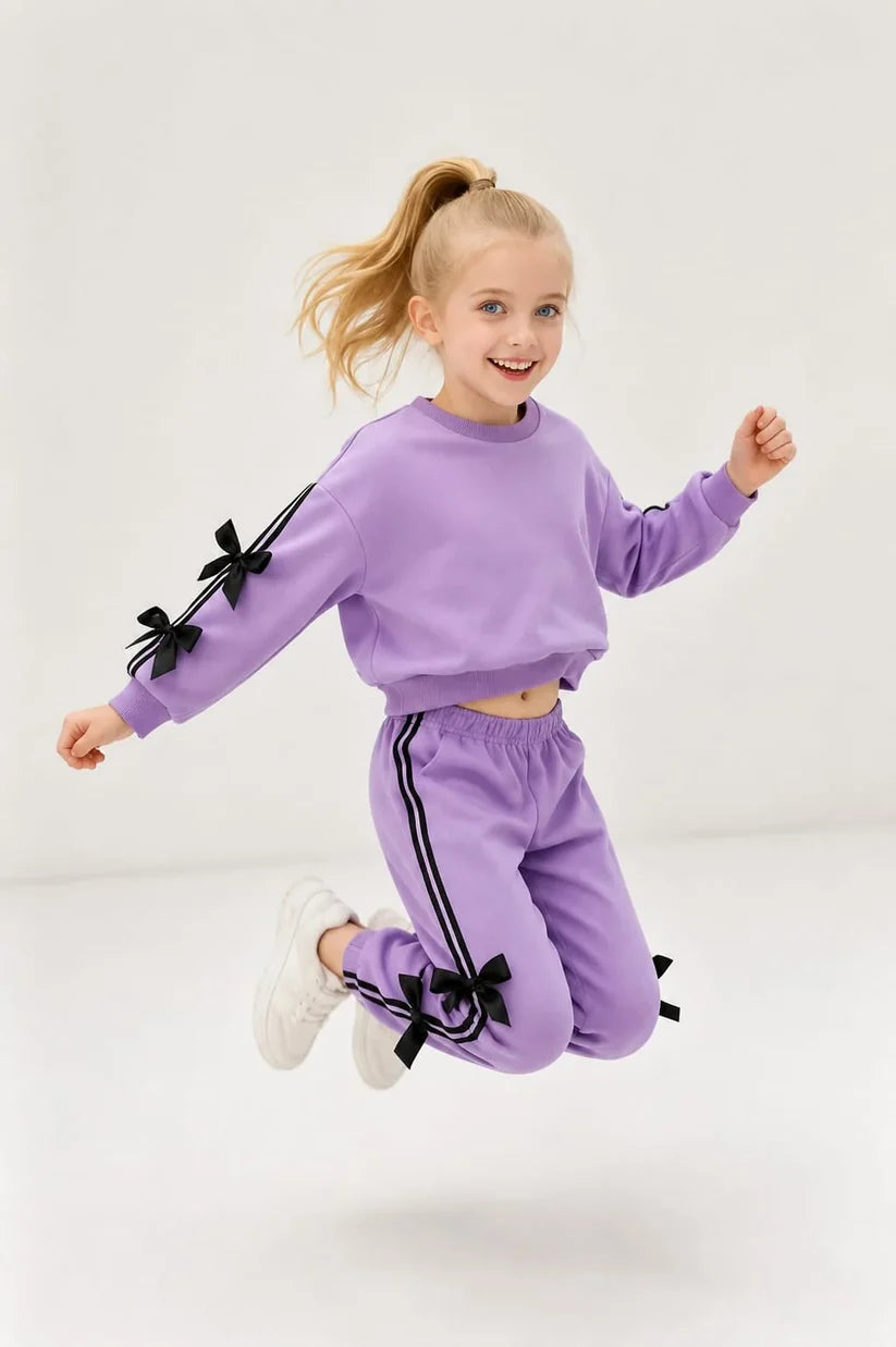 Lilac Bow Stripe Kids Winter Track Suit omii.pk