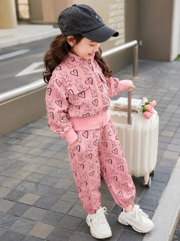 Pink Teddy Bear Hearts Printed Winter Track suit omii.pk