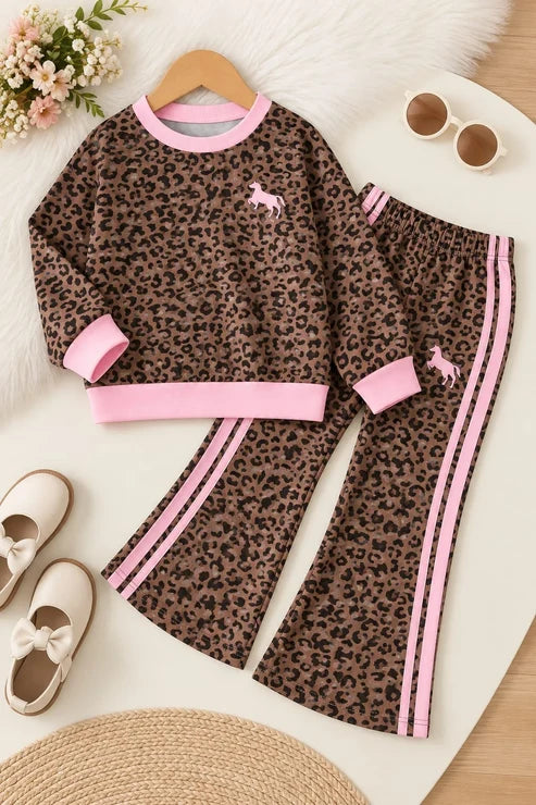 Brown Cheetah Print with Pink Stripes Kids Winter Track Suit (OM-726) omii.pk