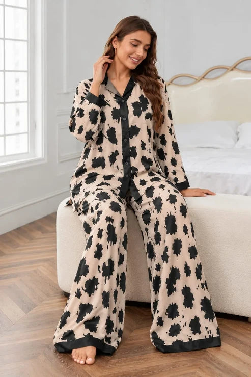 Skin with Cheetah Printed V-Neck Button PJ Set For Her omii.pk