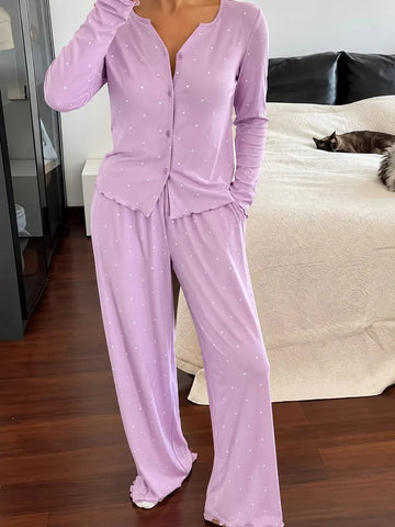 Lilac Polka Dot Button-Up Printed PJ Set For Her omii.pk