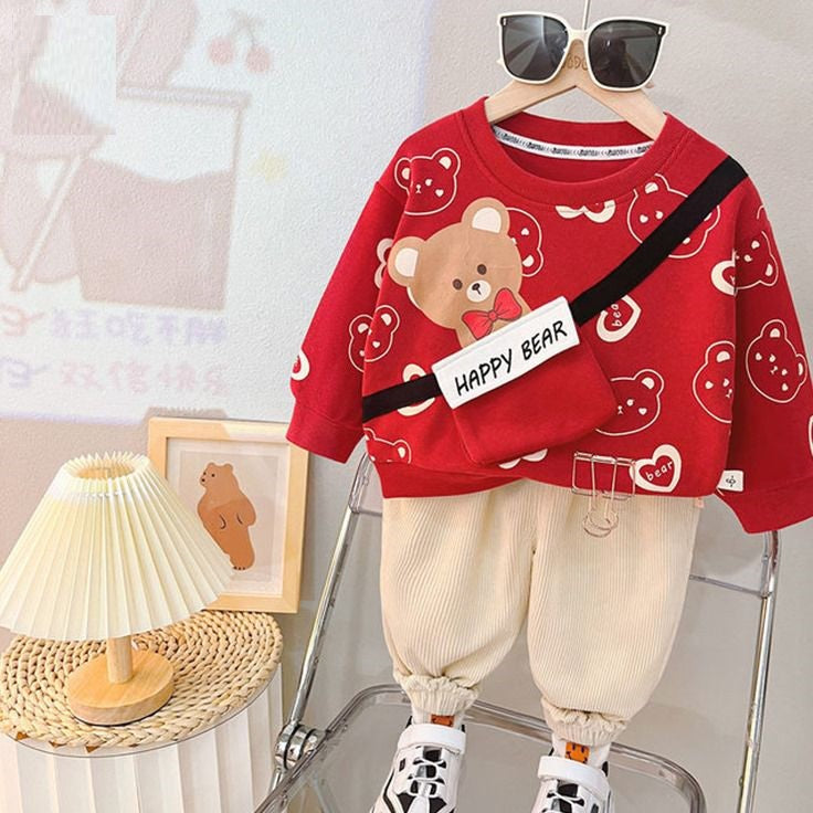 Red Happy Bear Pocket Sweatshirt with Trouser Winter Tracksuit (OM-613)
