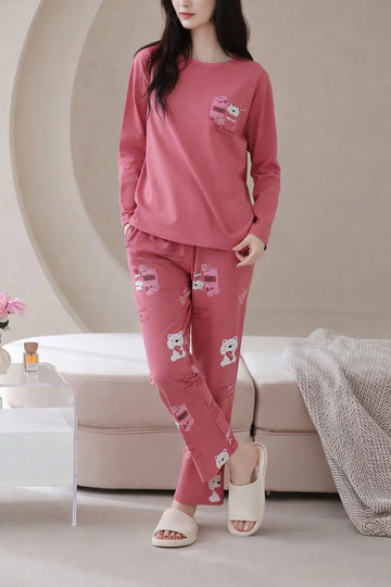 Shocking pink Sleepy bear with bear Printed Pajama Full Sleeves Night Suit The Ultimate Dream Wear Sleep Suit (OM-166)