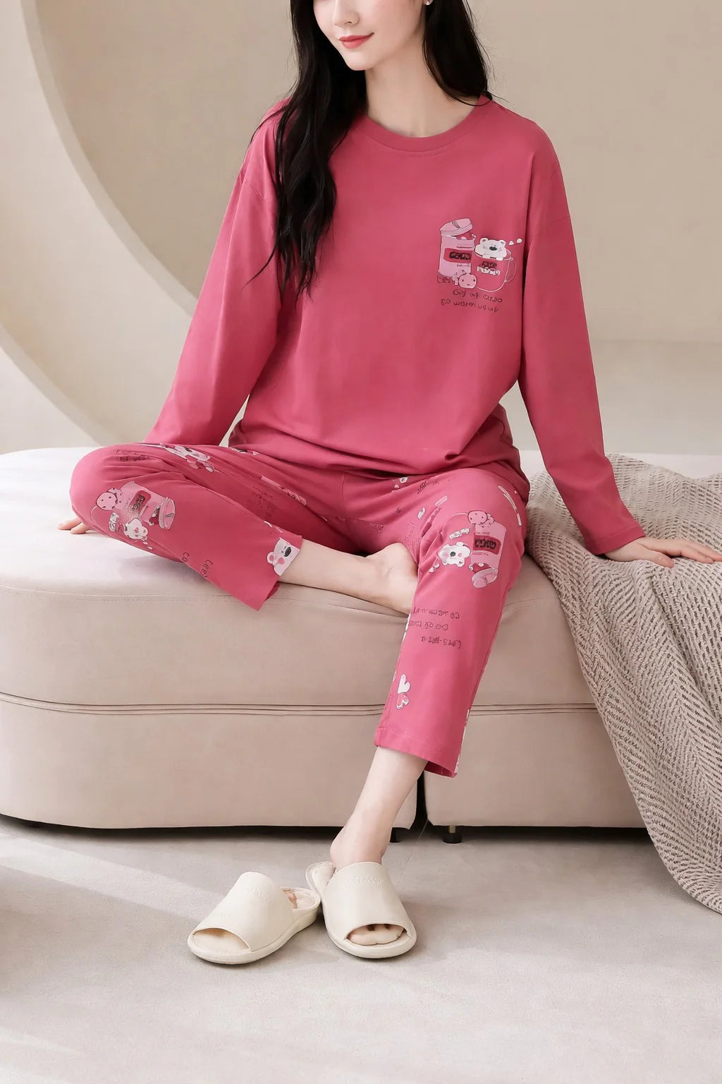 Shocking pink Sleepy bear with bear Printed Pajama Full Sleeves Night Suit The Ultimate Dream Wear Sleep Suit (OM-166)