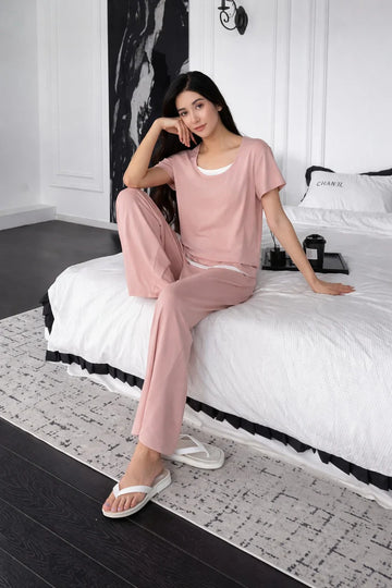 (New) Pink with white Round Neck Half sleeves with plazo night suit The Ultimate Dream Wear Sleep Suit (OM-1165)