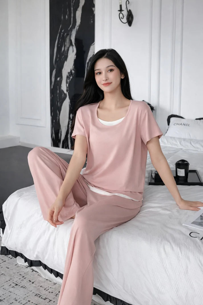 (New) Pink with white Round Neck Half sleeves with plazo night suit The Ultimate Dream Wear Sleep Suit (OM-1165)