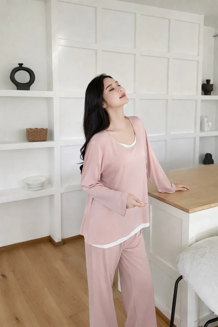 (New) Pink  full Sleeves  with white Round Neck with plazo night suit The Ultimate Dream Wear Sleep Suit (OM-1166)