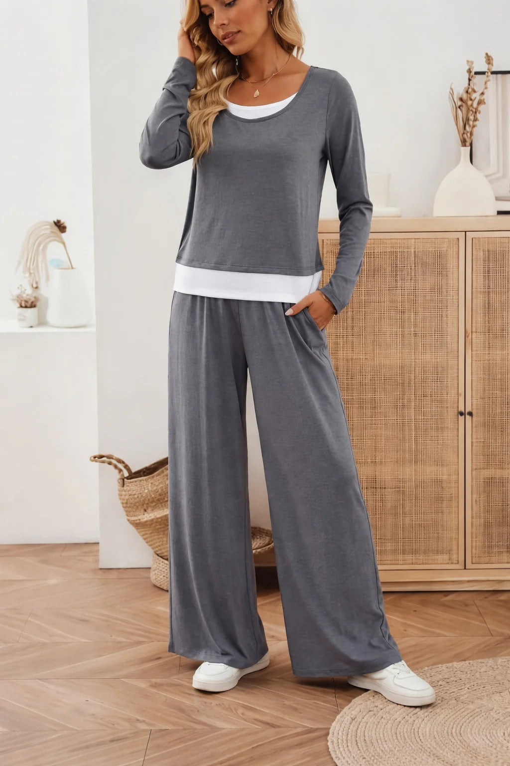 Grey with White Bottom line Plain plazzo The Ultimate Dream Wear Loungwear (OM-1162)