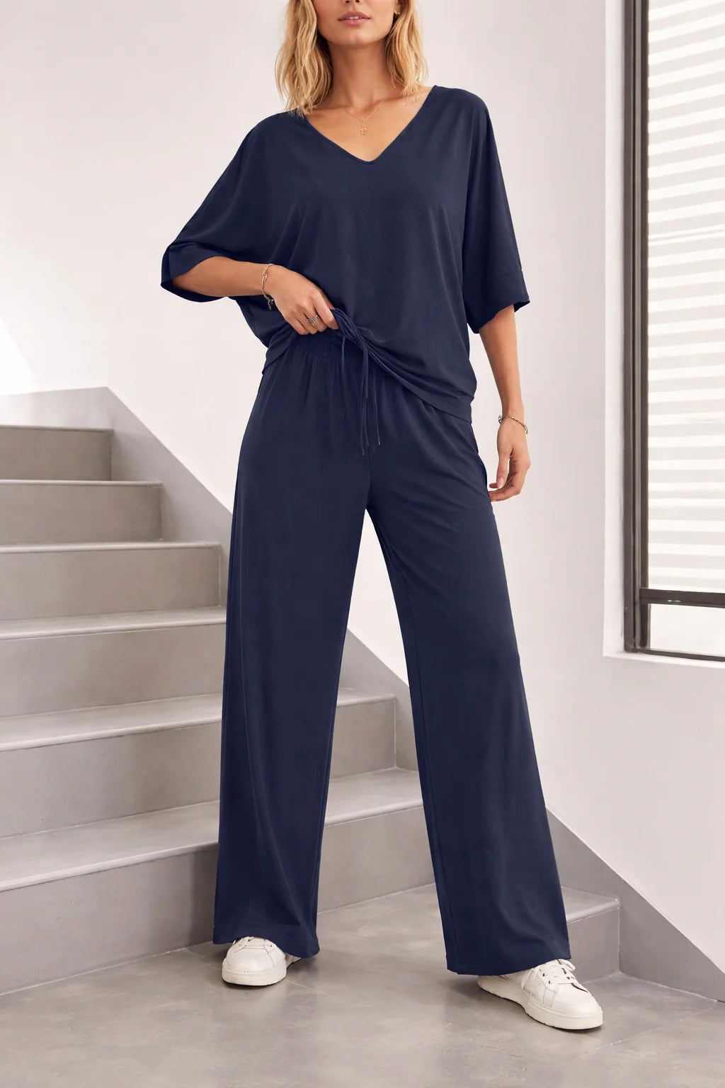(New) Navy Blue V Neck plain Half Sleeves night suit with plazo pajama The Ultimate Dream Wear Loungwear (OM-1160)
