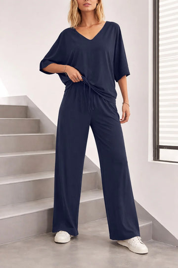 (New) Navy Blue V Neck plain Half Sleeves night suit with plazo pajama The Ultimate Dream Wear Loungwear (OM-1160)