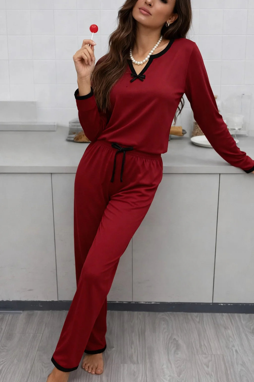 (New) Maroon Plain V Neck with Bow Full Sleeves night suit with plazo pajama The Ultimate Dream Wear Loungwear (OM-1159)