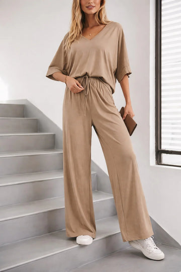 (New)Beige V Neck plain Half Sleeves night suit with plazo pajama The Ultimate Dream Wear Loungwear (OM-1157)