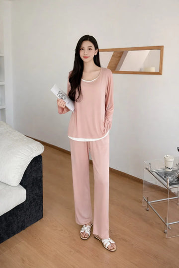 (New) Pink  full Sleeves  with white Round Neck with plazo night suit The Ultimate Dream Wear Sleep Suit (OM-1166)