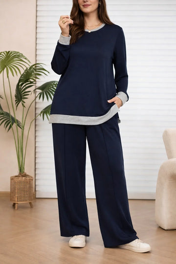 (New) Navy blue Grey round neck with grey Bottom plain Plazo The Ultimate Dream Wear Sleep Suit (OM-1156)