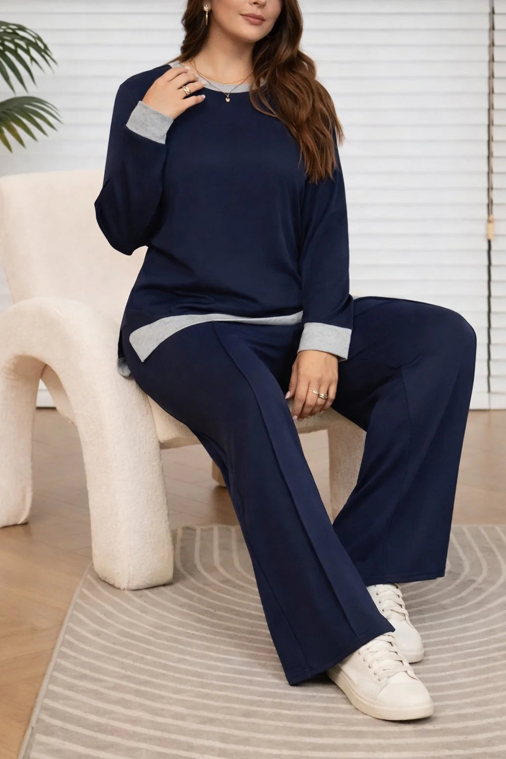 (New) Navy blue Grey round neck with grey Bottom plain Plazo The Ultimate Dream Wear Sleep Suit (OM-1156)