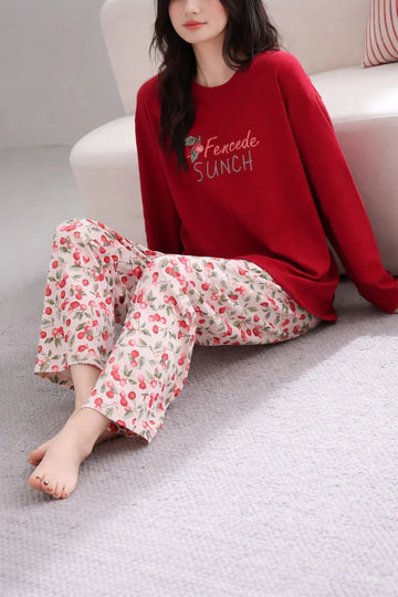 Red fencede sunch with Cherry printed Full sleeves night suit The Ultimate Dream Wear Sleep Suit (OM-167)