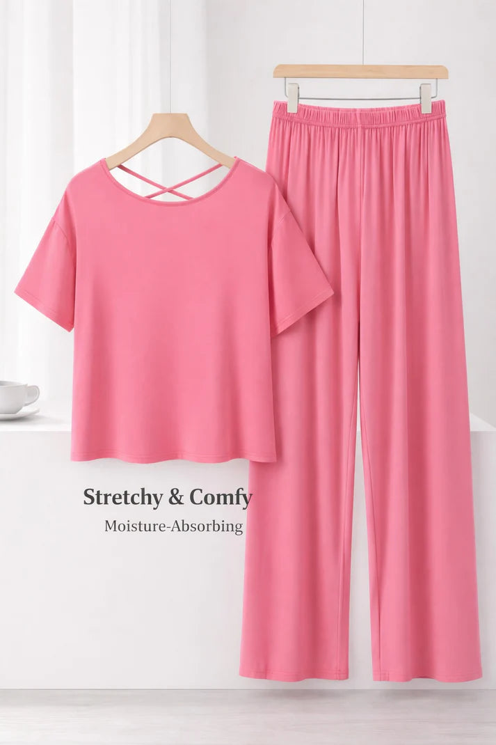 (New) Pink Round Neck with Matching lace Half sleeves with plazo night suit The Ultimate Dream Wear Sleep Suit (OM-1164)