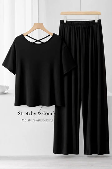 (New) Black Round Neck with Matching lace Half sleeves with plazo night suit The Ultimate Dream Wear Sleep Suit (OM-1163)
