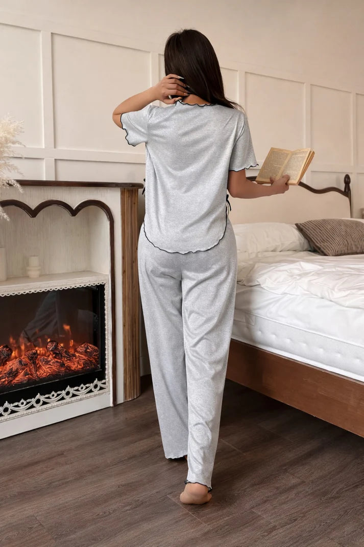 (New) hezel grey Collar with black bow half sleeves night suit The Ultimate Dream Wear Sleep Suit (OM-1170)