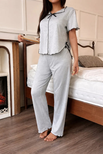 (New) hezel grey Collar with black bow half sleeves night suit The Ultimate Dream Wear Sleep Suit (OM-1170)