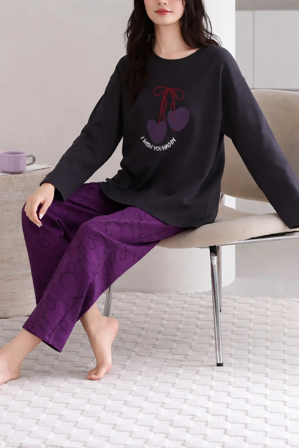 Black i wish you happy Printed with Purple printed Pajama Full sleeves night suit The Ultimate Dream Wear Sleep Suit (OM-168)