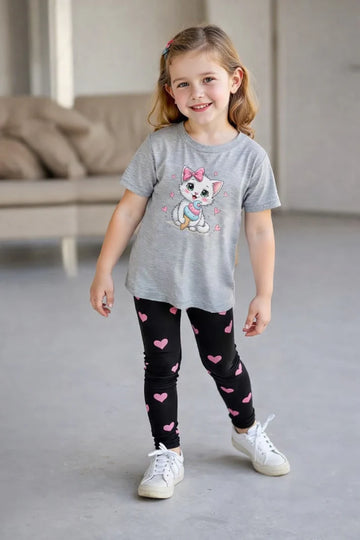 Grey Cute Cat printed T.shirt with black hearts printed pajama kids night suit The Ultimate Kids Sleep Suit (OM-397)