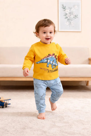Yellow with Blue Dinosour Printed T shirt with multi dino trouser kids suit The Ultimate Kids Sleep Suit (OM-401)