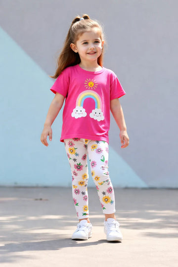 Shocking pink rainbow t shirt with multi flowers printed pajama kids night suit The Ultimate Kids Sleep Suit (OM-398)