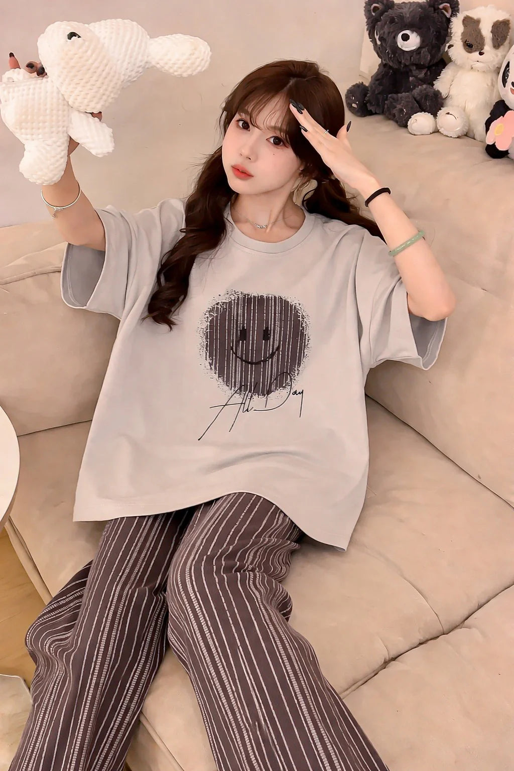 Grey Smiley printed Half sleeves T Shirt with brown lining trousers night suit The Ultimate Dream Wear Sleep Suit (OM-169)