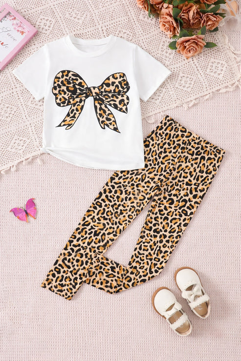 Off white half sleeves Cheeta BOW printed t shirt with cheeta pajama kids suit The Ultimate Kids Sleep Suit (OM-411)