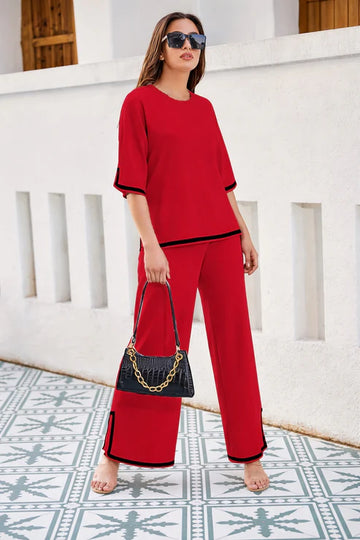 Red plain round neck with quarter cut sleeves black pipen night suit The Ultimate Dream Wear Sleep Suit (OM-1168)