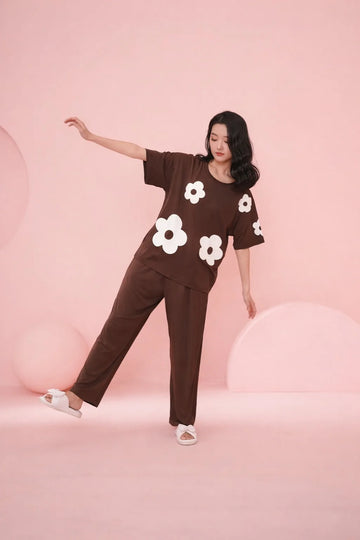 Brown Daisy Flower Night Suit For Her The Ultimate Dream Wear Sleep Suit (OM-171)