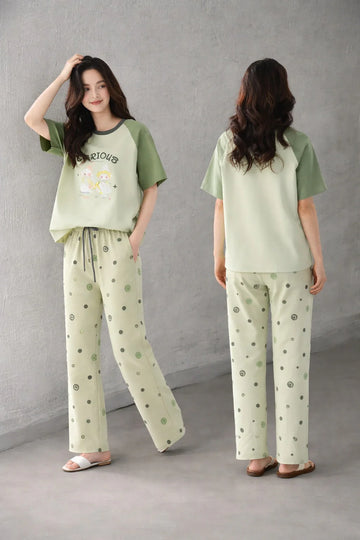 Olive green Carious Printed Night Suit For Her The Ultimate Dream Wear Sleep Suit (OM-173)