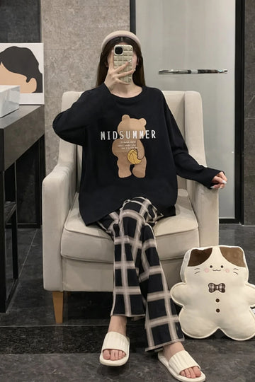 Black Mid Summers Bear Printed with Checkered trouser Night suit The Ultimate Dream Wear Sleep Suit (OM-178)