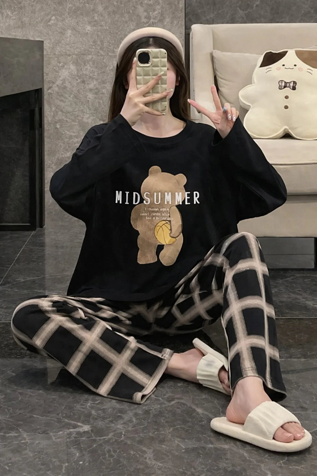 Black Mid Summers Bear Printed with Checkered trouser Night suit The Ultimate Dream Wear Sleep Suit (OM-176)