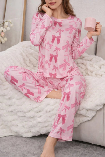 Pink All over Bow Full Sleeves Printed Night suit For her The Ultimate Dream Wear Sleep Suit (OM-175)