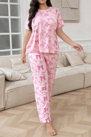 Pink All over Bow Half Sleeves Printed Night suit For her The Ultimate Dream Wear Sleep Suit (OM-174)