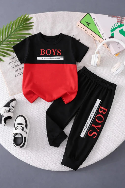 Black and red Boys brave and confident printed t shirt with printed pajama kids suit The Ultimate Kids Suit (OM-410)