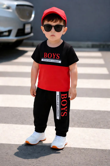 Black and red Boys brave and confident printed t shirt with printed pajama kids suit The Ultimate Kids Suit (OM-410)